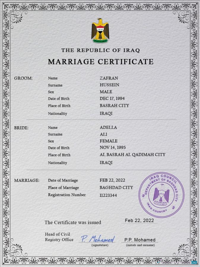 Download Iraq marriage certificate PSD template Photoshop template